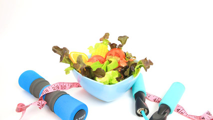 Healthy eating with salad and dieting, slimming and weigh loss concept on white background