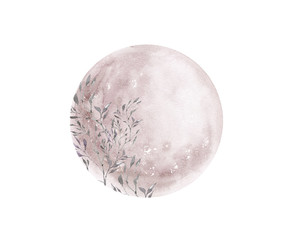 watercolor pink full moon phase isolated on white background. watercolor hand drawn earth satellite 