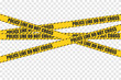 Vector crossed black and yellow police stripe border. Set of danger caution seamless tapes. Art design crime line for restriction and dangerous zones.