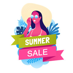 Wall Mural - summer sale banner with beautiful girl in sunglasses and a beach hat. summer holidays poster. promo 