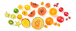 Creative fresh fruits layout. Papaya, apple, orange, kiwi, melon isolated on white background. Fruity diet summer concept. Tropical mix background. Colorful summertime fruit flat lay.