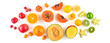 Creative fresh fruits layout. Papaya, apple, orange, kiwi, melon isolated on white background. Fruity diet summer concept. Tropical mix background. Colorful summertime fruit flat lay.