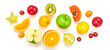 Creative fresh fruits layout. Papaya, apple, orange, kiwi, lemon isolated on white background. Fruity diet summer concept. Tropical mix background. Colorful summertime fruit flat lay.