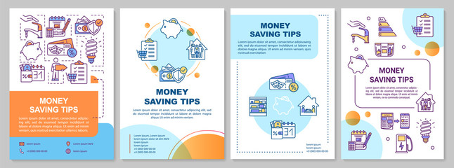 Money saving tips brochure template. Financial resources economy. Flyer, booklet, leaflet print, cover design with linear icons. Vector layouts for magazines, annual reports, advertising posters