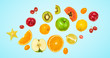 Flying fruits healthy summer background. Papaya, orange, kiwi, melon. Levitation, falling fly fruit on blue. Tropical creative concept. Colorful fruity summertime vivid design