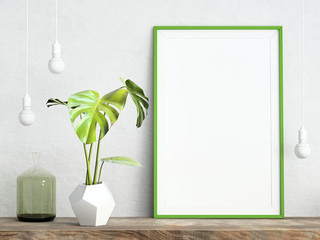 Wall Mural - Mock up poster frame on white plaster wall with swiss cheese plant and glass vase on wooden shelf with light bulbs; 3d rendering, 3d illustration