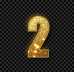 Golden Glitter number two. Vector realistick shining golden number 2 of sparkles. Luxury Golden Glitter elegant celebration design for decoration of cute wedding, anniversary, party, label, headline.