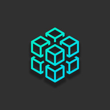 3d Cube With Eight Blocks. Icon Of Rubik Or Ice Pieces. Colorful Logo Concept With Soft Shadow On Dark Background. Icon Color Of Azure Ocean