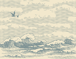 Vector decorative seascape in retro style with waves, seagulls and clouds in the sky. Hand-drawn illustration of the sea or ocean, waves of water on the old paper background. Contour drawing