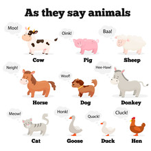 Vector Set Of Cute Animals. As The Animals Say: Cow, Sheep, Donkey, Dog, Cat, Horse, Pig, Chicken, Goose, Duck. Isolated Elements On A White Background.