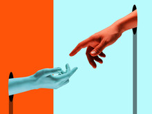 Bright Painted Hands Touching By Fingers. Contemporary Art Collage. Modern Design Work In Vibrant Trendy Colors. Tender Human Hands. Stylish And Fashionable Composition, Youth Culture. Copyspace.