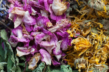 Closeup of dry mix of flowers with selective focus