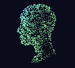 Poster - Silhouette of a human head made of dots and particles. Conceptual image of AI (artificial intelligence), VR (virtual reality), Deep Learning and Face recognition systems.