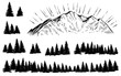 Vector sketched mountain with forest silhouette with sun rays.