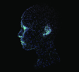 Canvas Print - Silhouette of a human head made of dots and particles. Conceptual image of AI (artificial intelligence), VR (virtual reality), Deep Learning and Face recognition systems.