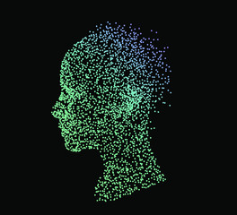 Aufkleber - Silhouette of a human head made of dots and particles. Conceptual image of AI (artificial intelligence), VR (virtual reality), Deep Learning and Face recognition systems.