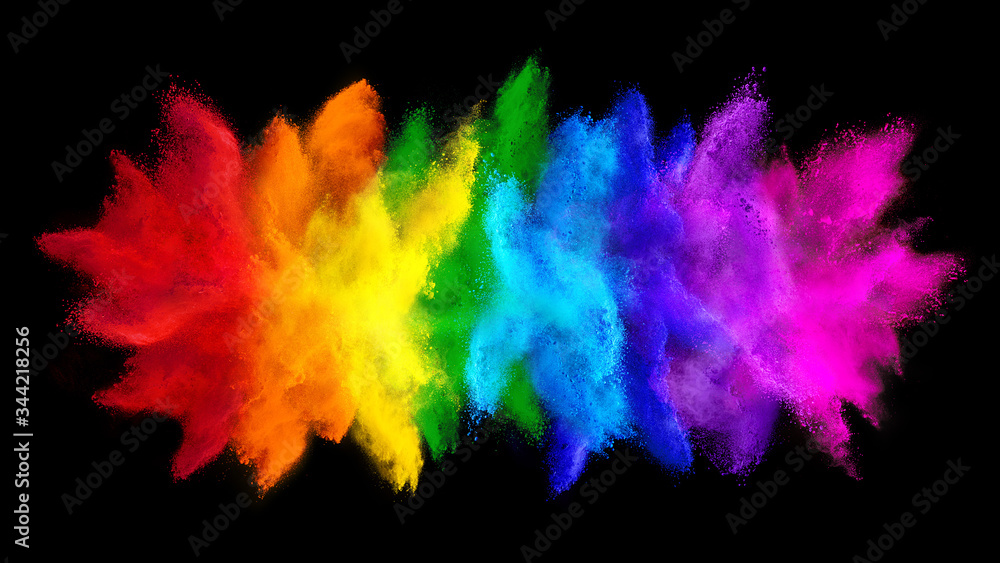 colorful rainbow holi paint color big  double powder explosion isolated dark black wide panorama background. peace rgb beautiful party concept - obrazy, fototapety, plakaty 