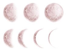 Watercolor Pink Moon Phases Set Isolated On White Background. Watercolor Hand Drawn Earth Satellite Moon. Magic Abstract Illustration. Pink Planet Ball