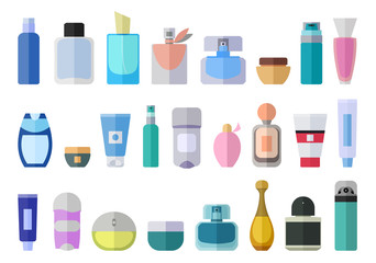 Flat icon set of parfume and cream bottles. Man and women fragrances in various shaped bottles.