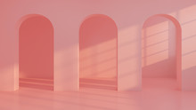 Empty Pink Room And Arched Door .3D Illustration