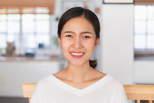 Portrait Young Asian Businesswoman Work At Home And Virtual Video Conference Meeting With Colleagues Business People, Online Working, Video Call, Camera View, Front View, Look At Camera
