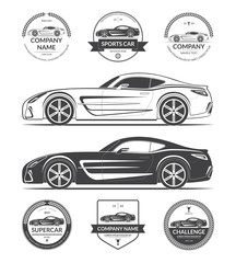 Poster - Set of modern sports or super car silhouettes with collection of car service labels, emblems, logotypes. Black vector illustration isolated on white background