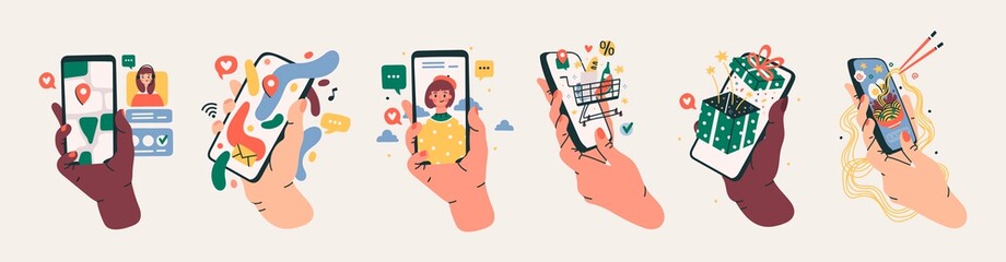 set of hands holding smartphones with various images. communication, social networking concept. styl