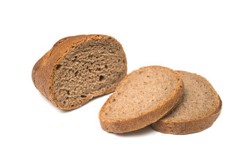 Closeup of sliced rye bread on white background