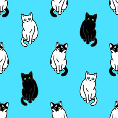 Wall Mural - Seamless pattern with cute black and white cats. Texture for wallpapers, stationery, fabric, wrap, web page backgrounds, vector illustration