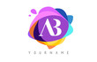 Letters AB A B logo with colorful splat and geometrical forms.