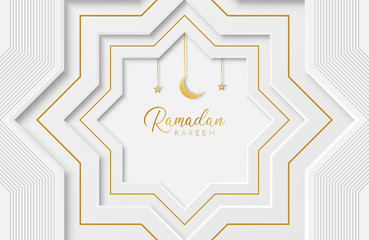 Wall Mural - Ramadan kareem background with white paper cut geometric shape. Vector illustration for Islamic holy month celebrations. Place for your text