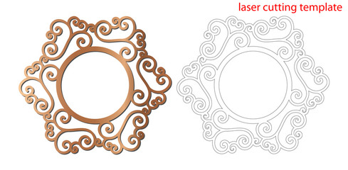 Wall Mural - Laser cut photo frame with ornamental swirl for decoration design. Laser cut wood or metal lace frame. Ornamental pattern cutout photoframe, template for cutting. Vector illustration.