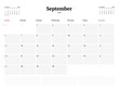 Calendar template for September 2020. Business monthly planner. Stationery design. Week starts on Sunday.