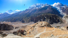 A Panoramic View On Manang Valley From Praken Gompa, Nepal. High Himalayan Ranges Around. There Is A Small Lake In The Valley. Snow Capped Peaks Of Annapurna Chain. Harsh Landscape.