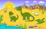 Fototapeta Dinusie - Illustration with Brontosaurus cartoon characters. Dinosaur and its baby in a prehistoric landscape. 