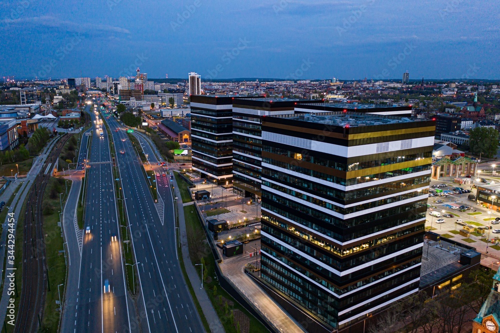 Obraz na płótnie Drone aerial view on office buildings in Katowice. w salonie