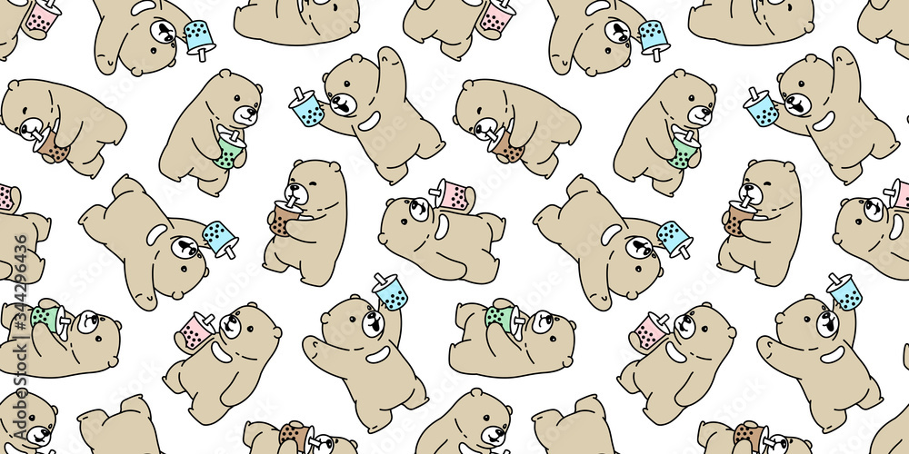 bear seamless pattern polar bear Boba milk tea vector bubble milk tea ...