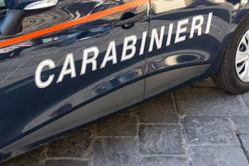 Carabinieri sign on a Italian police car in Florence, Tuscany, Italy, Europe