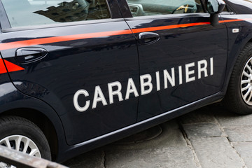 Carabinieri sign on a Italian police car in Florence, Tuscany, Italy, Europe