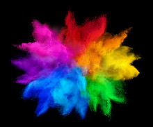 Colorful Rainbow Holi Paint Color Powder Explosion Isolated On Dark Black Background. Peace Rgb Gaming Beautiful Party Concept