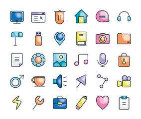 mailbox and user interface icon set, line color style