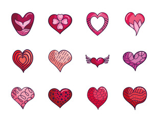 Poster - floral heart and hearts icon set, line color style