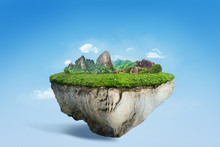 Amazing Floating Island With Natural Mountain Landscape, 3D Float Rock And Grass With Beautiful Countryside Scenery