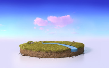 Wall Mural - Fantasy 3D rendering circle podium grass field with river, surreal 3D Illustration round soil cutaway cross section isolated on pastel purple evening sky