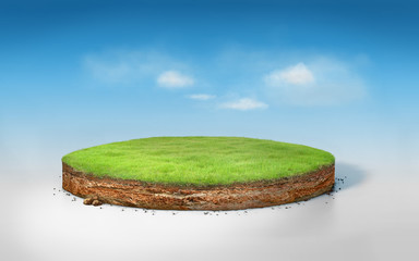 Wall Mural - 3D Illustration round soil ground cross section with earth land and green grass, realistic 3D rendering circle cutaway terrain floor with rock isolated on blue sky