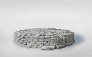 3D rendering brick podium isolated in cylinder exhibition space, stone tile ground in circle cutaway stage on white background