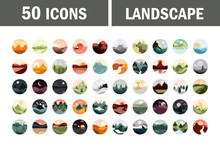 Landscape Nature Mountains Ocean And Forest In Circle Icons Set Flat Style Icon