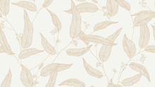 Foliage Seamless Pattern, Eucalyptus Leaves And Flowers Line Art Ink Drawing In Brown On Bright Grey