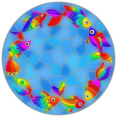 Illustration in stained glass style with bright rainbow abstract fish on a blue background, round image