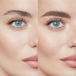 Beauty. Close Up Woman’s Eyebrows Before And After Correction. Difference Between Female Face With And Without Permanent Makeup.